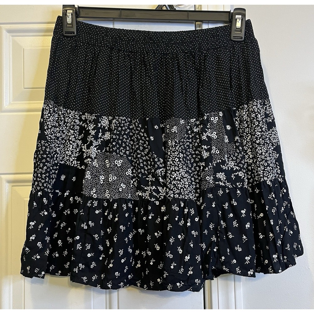 VTG 90s Star Cody Tiered Patchwork Skirt Womens L Black Floral Polka Dot Boho
